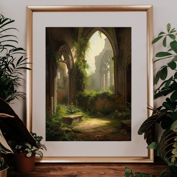 Overgrown castle/Victorian Cathedral/church wall art/Dark Academia/Cottage Core/Victorian Art/Greenhouse Interior/Vintage Painting