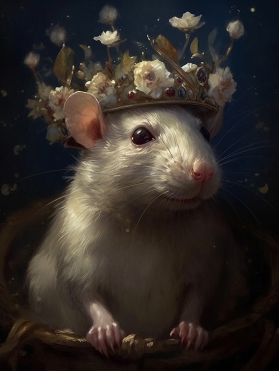 Painting of a rat king wearing a crown and robes