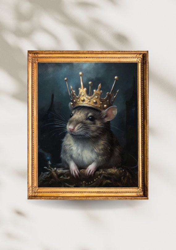 Painting of a rat king wearing a crown and robes