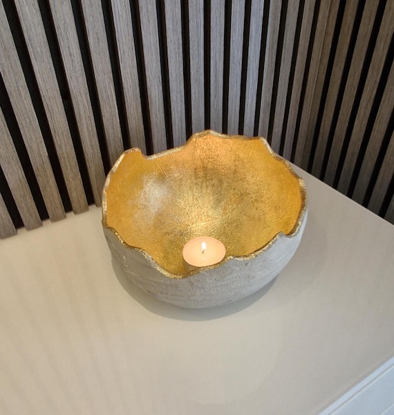 Design Beton Schale mit Blatt Gold / Lichtschale / Feuerschale / Lichtkugel / Tischdecko / Deko Schüssel / Dekoration