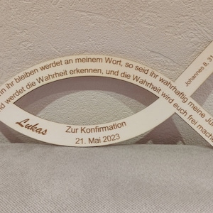 Wooden fish with individual confirmation saying and name - confirmation gift