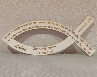 Holzfisch mit individuellem Konfirmationsspruch und Namen - Konfirmationsgeschenk