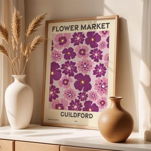 Flower Market, Set of 6, Surrey, Guildford, Woking, Ewell, Esher, Camberley, Walton-on-Thames, Vibrant Modern Wall Art Prints