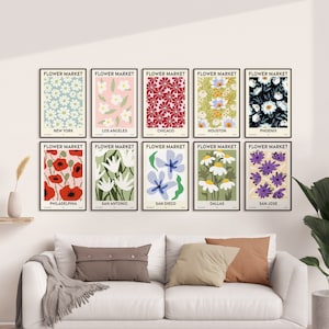 Flower Market, Set of 20, US Cities, USA Cities, 20 Largest US Cities, Vibrant Modern Wall Art Prints