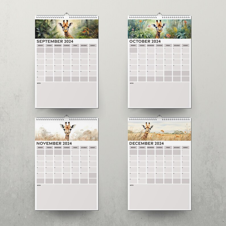 2024 Calendar, Monthly Planner 2024, Giraffe Calendar, Sunday Start