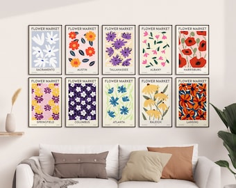 Flower Market, Set of 50, US State Capitals, 50 US State Capitals, Washington DC, Vibrant Modern Wall Art Prints