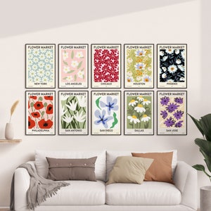 Flower Market, Set of 50, US Cities, USA Cities, 50 Largest US Cities, Vibrant Modern Wall Art Prints