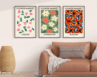 Flower Market, Set of 6, Cheshire, Chester, Warrington, Runcorn, Widnes, Ellesmere Port, Macclesfield, Vibrant Modern Wall Art Prints