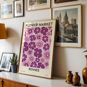 Mercado de flores, conjunto de 6, região da Bretanha, Rennes, Brest, Quimper, Lorient, Vannes, Saint-Malo, impressões de arte de parede modernas vibrantes