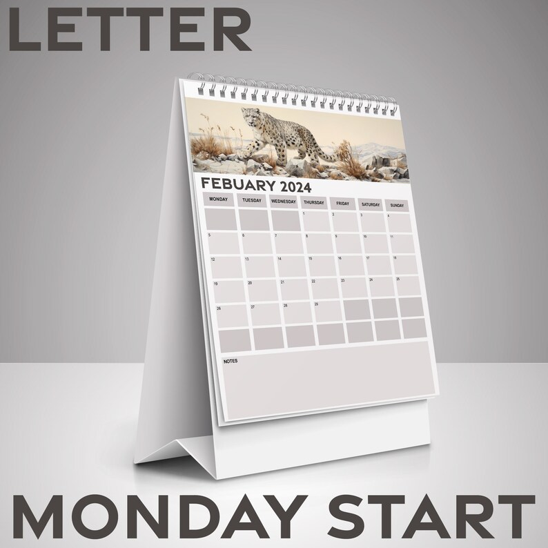 2024 Calendar, Monthly Planner 2024, Snow Leopard Calendar, Sunday