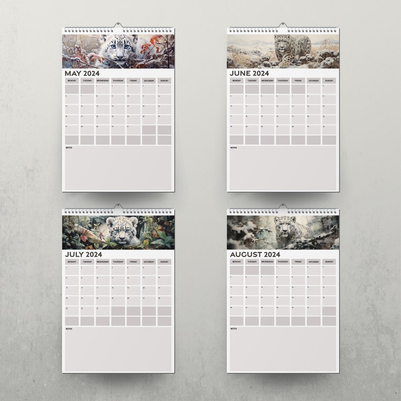 2024 Calendar, Monthly Planner 2024, Snow Leopard Calendar, Sunday