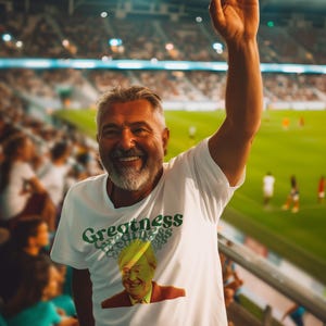 Könnte beinhalten: Ein Mann trägt ein weißes T-Shirt mit einem grünen Grafikdruck eines Männergesichts und dem Wort "Greatness", das in einem Kreis wiederholt wird. Er lächelt und hebt seine rechte Hand in die Luft. Der Mann befindet sich in einem Stadion mit einer Menschenmenge im Hintergrund.