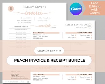 Faktura- och kvittomall i persikomönster, bohemiskt fakturautdrag, kontantbetalning, betalningsbevis, kassakvitto, företagsredovisning, Canva-mall