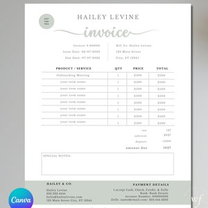 Green Invoice Template, Boho Small Business, Payable To Form, Professional Payment Slip, Estimate, Freelance Quote, Order Price, Canva DIY