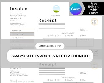 Faktura- och kvittomall, svartvitt dokument, fakturautdrag, lönespecifikation, modern fakturaspårning, småföretag, Canva-mall, gör-det-själv