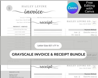 Faktura- och kvittomall, svartvitt dokument, fakturautdrag, lönespecifikation, modern fakturaspårning, småföretag, Canva-mall, gör-det-själv
