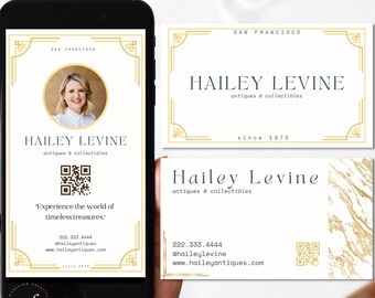 Guldfärgad visitkort, digital kontaktinformation, QR-kod, lyxkort, Canva-mall, digital nedladdning, fastighetsmäklare, yrkesverksamma