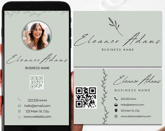 Sage visitkort, minimalistiskt visitkort, redigerbar Canva-mall, QR-kod, digitalt visitkort, direktnedladdning, modern kontaktinformation