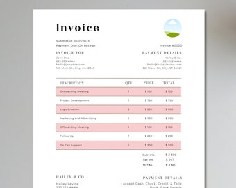 Rosa fakturamall, bokföring för småföretag, rosa fakturautdrag, rodnande betalningskvitto, professionell offert, uppskattning, Canva DIY