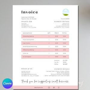 May include: A pink and white invoice with the title "Invoice" and the text "Thank you for supporting small business". The invoice lists services and prices for onboarding, project development, logo creation, marketing and advertising, offboarding, follow up, and on-call support. The invoice also includes payment details for cash, check, credit, and Zelle.