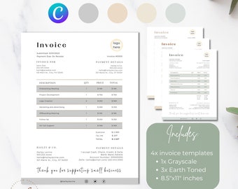 Fakturamall för småföretag, redigerbart paket, jordfärgad fakturautdrag, neutralfärgad betalningsavi, professionell offert, Canva DIY