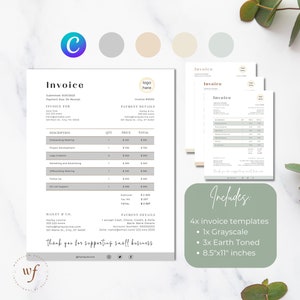 May include: Four printable invoice templates in grayscale and earth tones. The templates are 8.5 inches by 11 inches and include a logo placeholder, payment details, and a thank you message.