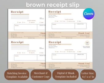 Kvittomall, jordfärgat dokument, Canva, redovisning för småföretag, köpbevis, bekräftad betalningskvitto, orderhantering, faktura