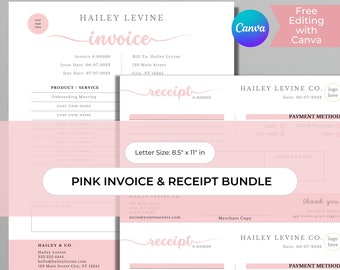 Rosa faktura- och kvittomall, blush-dokument, fakturautdrag, lönespecifikation, betalningsbevis, kontantkvitto, litet företag, Canva-mall