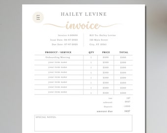 Beige fakturamall, redovisning för småföretag, neutral fakturautdrag, professionell betalningskvitto, fakturauppskattning, offert, pris, Canva DIY