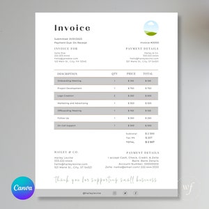 May include: A minimalist invoice template with a light gray background and gold accents. The invoice includes a description of services, quantity, price, and total cost. The invoice also includes payment details and contact information for Hailey & Co.