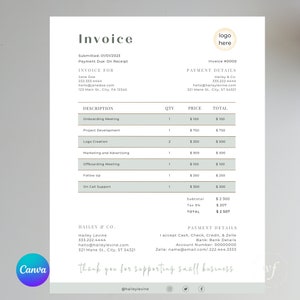 May include: A minimalist invoice template with a green and white color scheme. The invoice includes a description of services, quantity, price, and total cost. The invoice also includes contact information for the business and payment details.