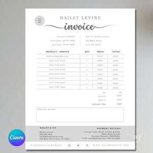 May include: A black and white invoice template with the text "HAILEY LEVINE invoice" at the top. The invoice includes a product and service list with a quantity, price, and total column. The invoice also includes payment details and contact information for Hailey Levine.