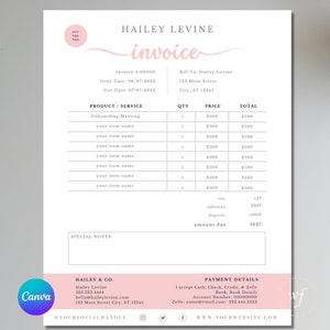 May include: A pink and white invoice template with the name Hailey Levine at the top. The invoice includes a list of services and prices, as well as payment details. The invoice is for $1627.