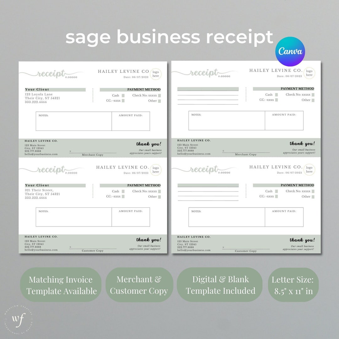 Sage Receipt Template, Boho Small Business, Proof of Payment, Pay