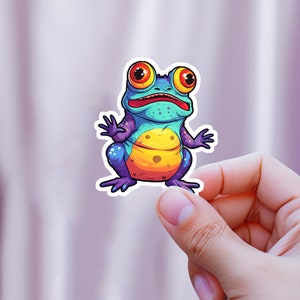 Sticker grenouille original, dessin animé fou, idiot et coloré