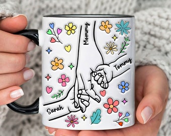 Custom Mom Floral Mugs With Kids Names, Holding Kids Hands Mom Mug, Grandma Cup, Wildflower Mom, Mother's Day Gift, Personalized Family Mug