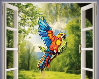 Vibrant Parrot Window Hanging-Colorful Bird Acrylic Window Hanging, Tropical Decor, Nature-Inspired Bright Home Accent, Parrot Garden Decor