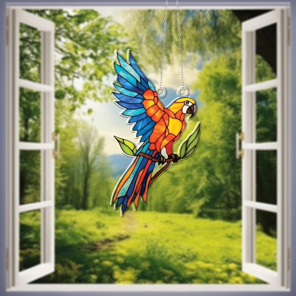 Vibrant Parrot Window Hanging-Colorful Bird Acrylic Window Hanging, Tropical Decor, Nature-Inspired Bright Home Accent, Parrot Garden Decor