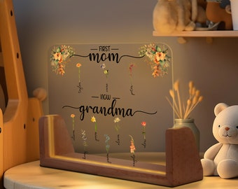 Personalized First Mom Now Grandma Frame Night Light, Birth Month Flower Custom Night Light, Grandkids Name Flowers Lamp, Mother's Day Gift