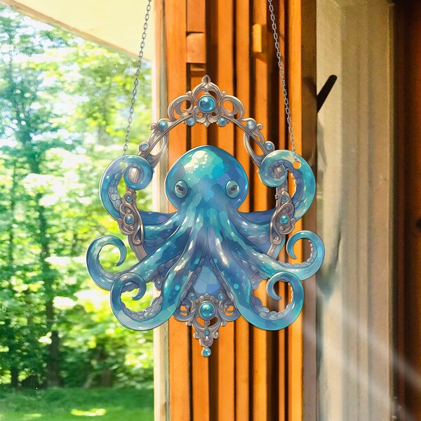 Blue Octopus acrylic window hanging, Octopus Window Hangings, Sea Octopus gift, Mother's day gift, home decor ocean sea lover, Gift For Dad