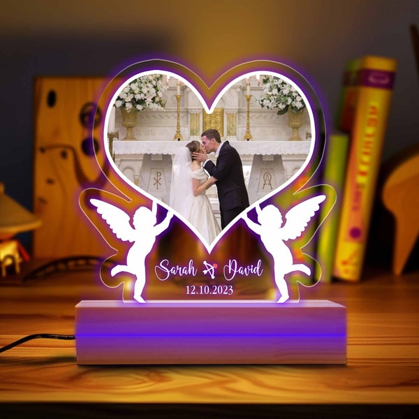 Personalized Wedding Photo LED Light, Personalized Heart-Shaped Lamp with Angels, Engraved Couple's Name and Date, Romantic Wedding Gift