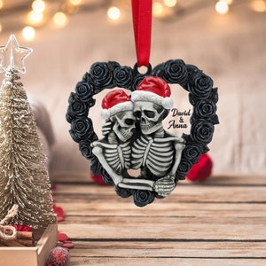 Personalized Black Rose Heart - Skeleton Couple Flat Skull Couple Husband And Wife, Skeleton Christmas Ornament, Christmas Gifts For Couple