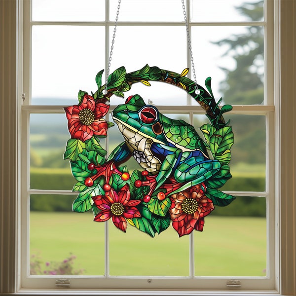 Frog in wreath of flowers Handmade Acrylic Decor, Cute Frog Window Hanging, Frog Decor, Wall Art, Froglovers gift,Cute frog,Mothers day gift