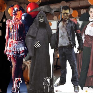 Decorações de recorte de papelão com tema de Halloween - vampiro em tamanho real, zumbi, palhaços de terror, ceifador e grande silhueta de casa mal-assombrada