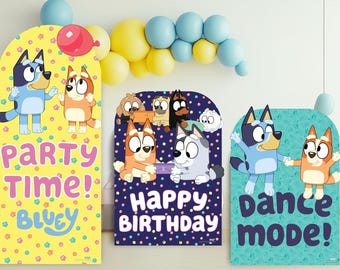 Bluey party backdrop cardboard cutouts official licensed standees decorations props standups - happy birthday theme, party theme sailboards