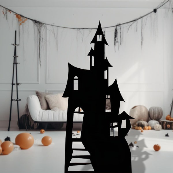 Spooky Halloween Haunted House Silhouette Grande découpe en carton / Décoration de voyage debout accessoire d'événement de fête 166cm / 5ft 4"