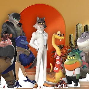 May include: A group of cartoon character standees from the animated movie "The Bad Guys". The characters include a wolf in a white suit, a shark in a jacket, and a snake in a Hawaiian shirt. The background is orange and yellow.