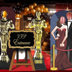 Peut inclure: Une scène d'entrée VIP avec des statues dorées, un panneau indiquant "VIP Entrance" et une découpe d'un couple en tenue de soirée. L'arrière-plan comprend des ballons et un tapis rouge.