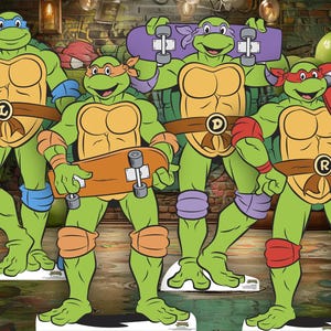 May include: Four Teenage Mutant Ninja Turtles stand side-by-side, each holding a skateboard. They are green with different colored masks and knee pads. The turtles are in a room with balloons.