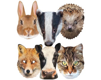 British Animal Card Party Masks - Variety Six Pack includes a Badger, Fox, Cow, Hedgehog, Cat and Rabbit Mask - Animal Party Fun